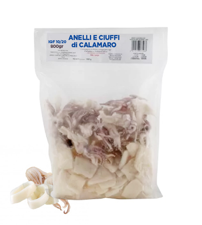 Anelli e ciuffi di calamaro surgelati